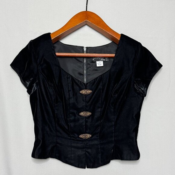 80s Vintage Hampton Nites Black Velvet Sweetheart Neck Jeweled Cap Sleeve Top - Picture 1 of 12